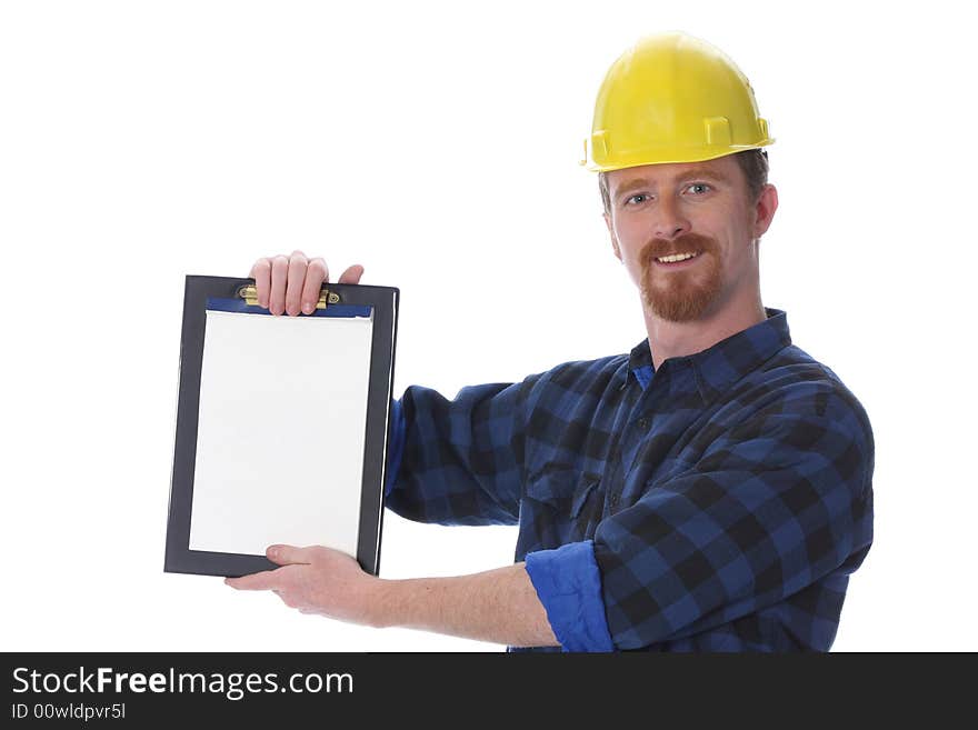 Construction worker with documents on white background