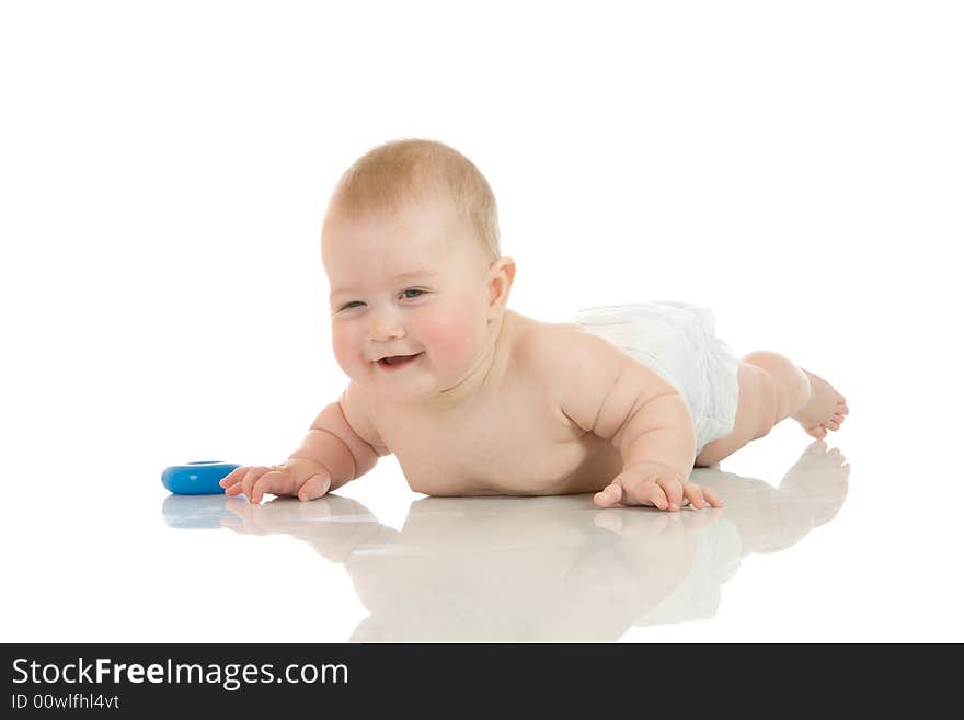 Small baby with a toy isolated over white