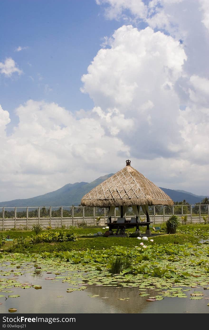 A massage hut in the middle of a garden