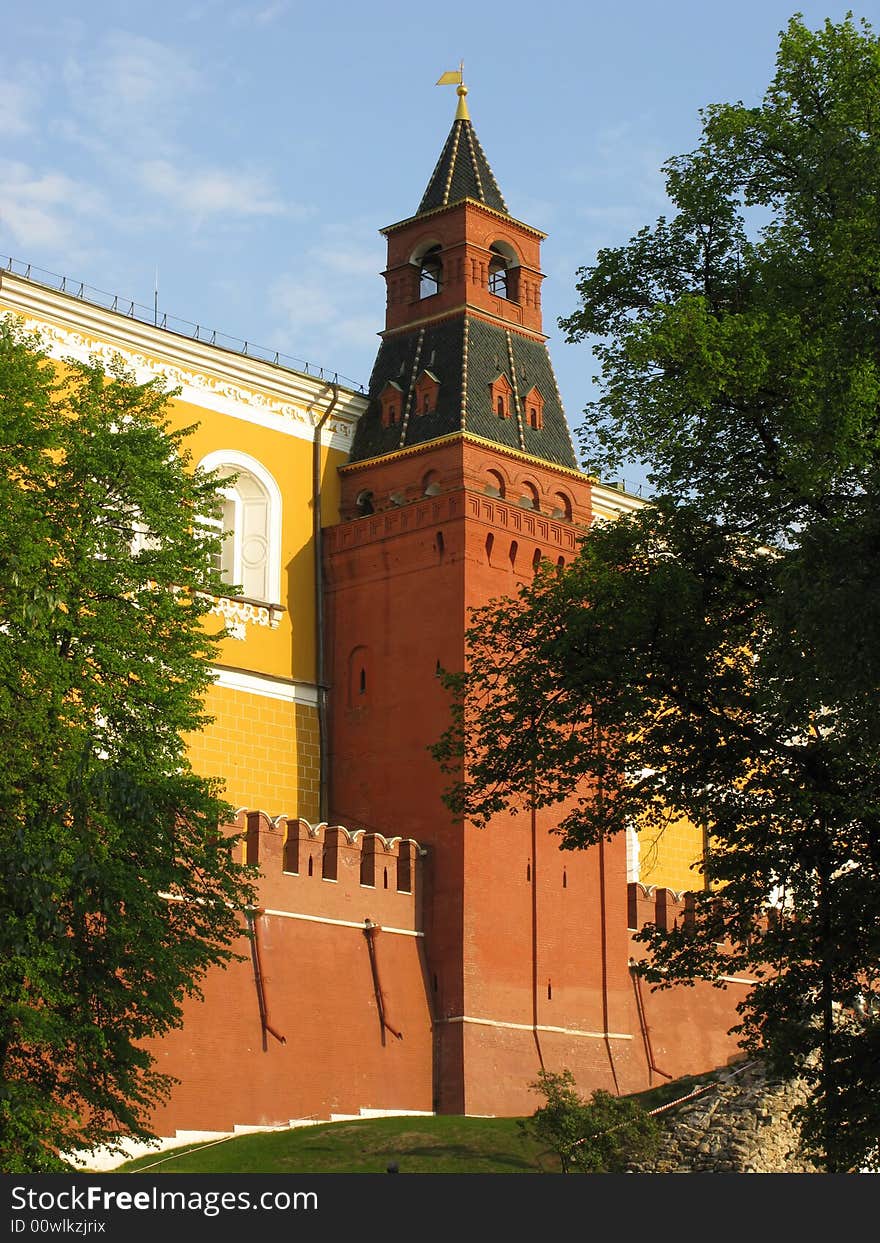 View of Moscow Kremlin wall with a tower, Russia. View of Moscow Kremlin wall with a tower, Russia