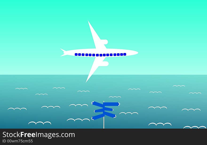 Illustration of an airplane flying above the sea. Illustration of an airplane flying above the sea