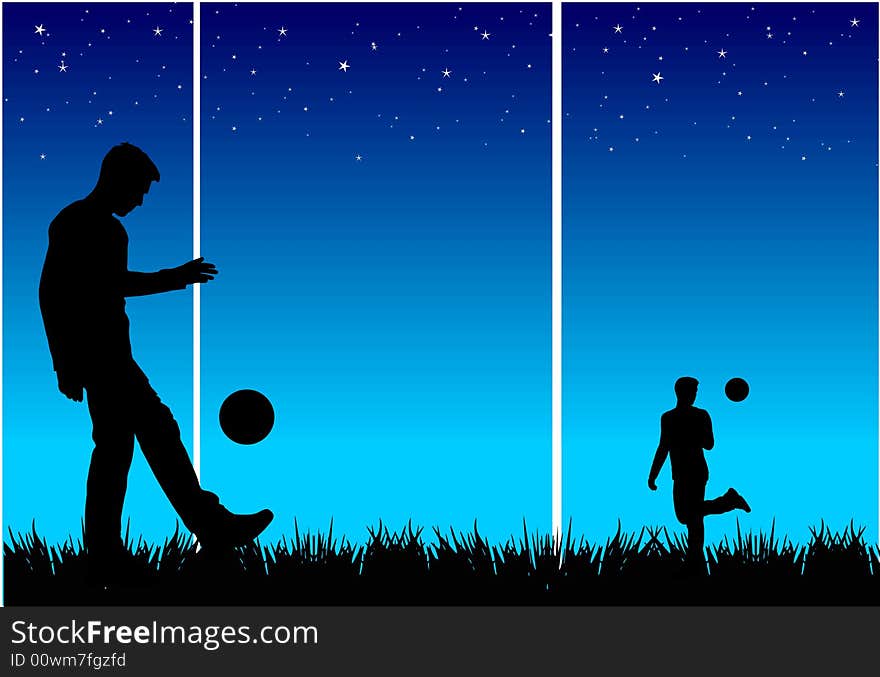 Two young athlets playing with football in the middle of the night. Two young athlets playing with football in the middle of the night