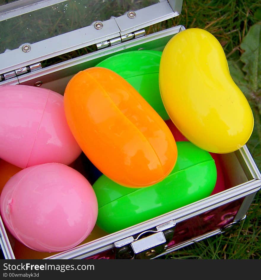 Plastic eggs in jewelry box. Plastic eggs in jewelry box.