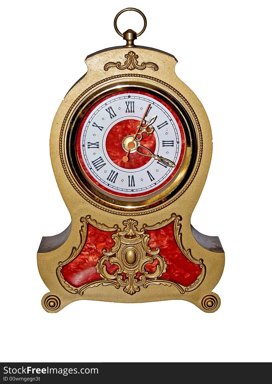 Golden clock isolated on white, with clipping path