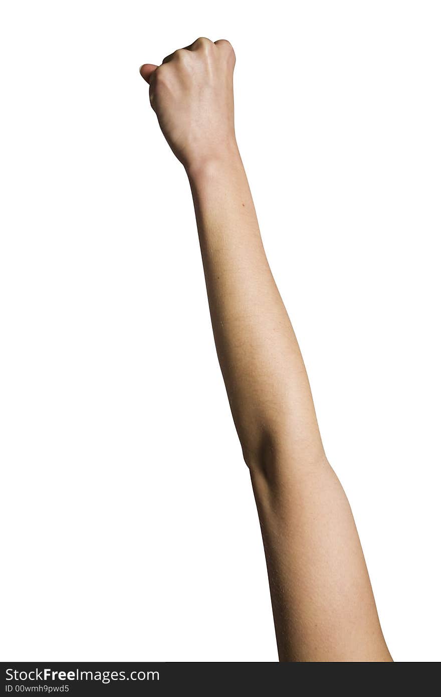 Woman's left fist held up against white background