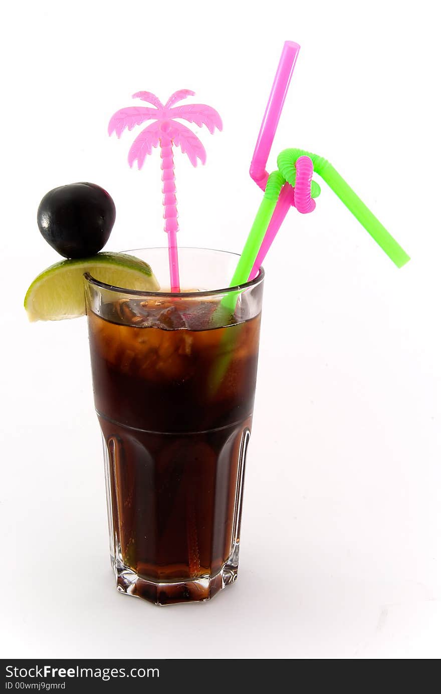 Cocktail with cola and alcohol on white. Cocktail with cola and alcohol on white