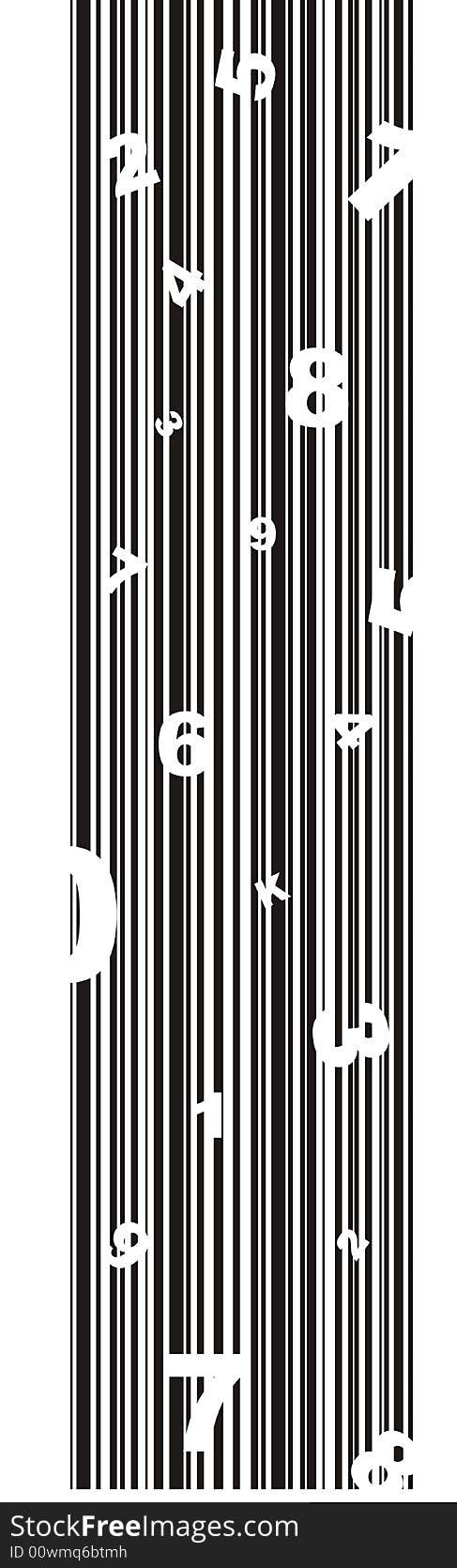 Set of chaotic numbers with a single letter on the background of barcode. Set of chaotic numbers with a single letter on the background of barcode