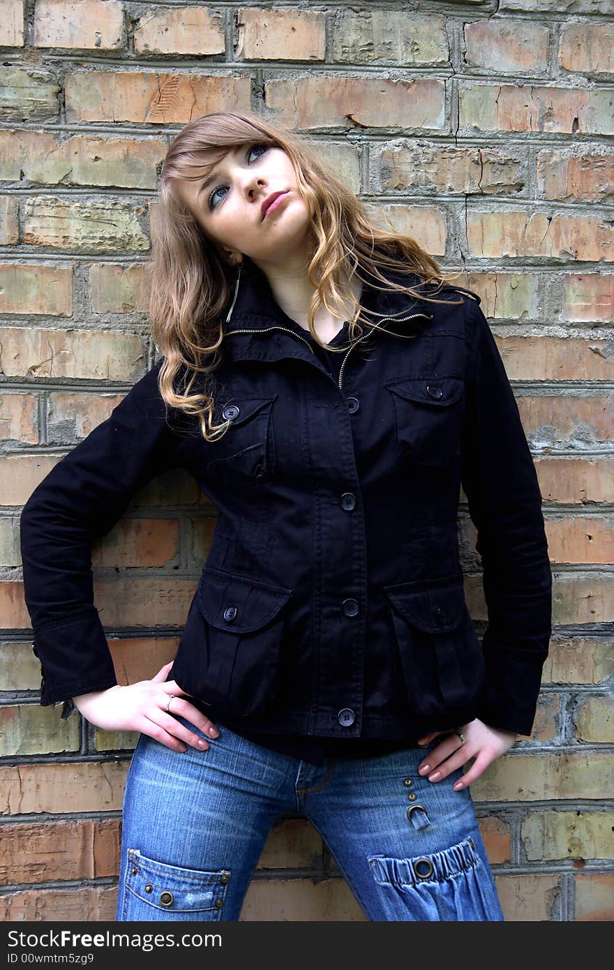 Blond Woman On Brick Wall