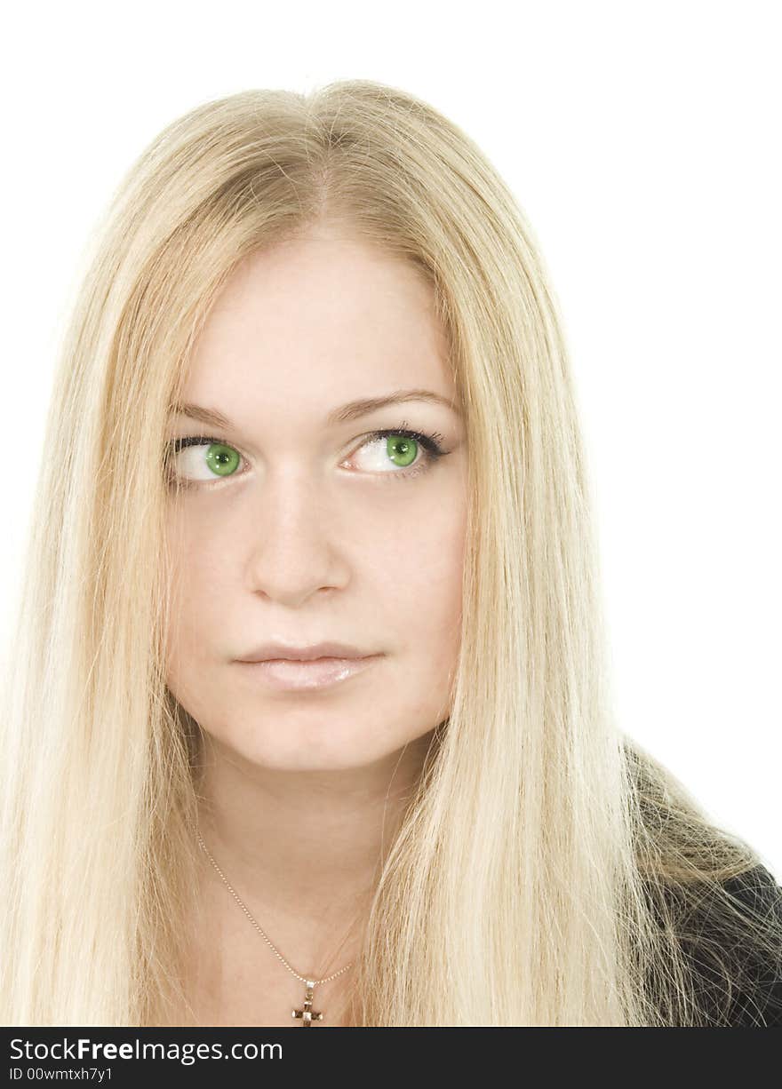 Portrait of pretty green-eyed blonde in black on white background