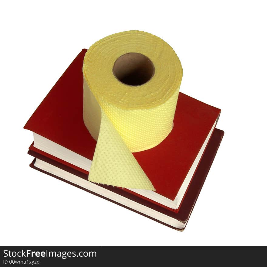 Two books and toilet paper on a white background