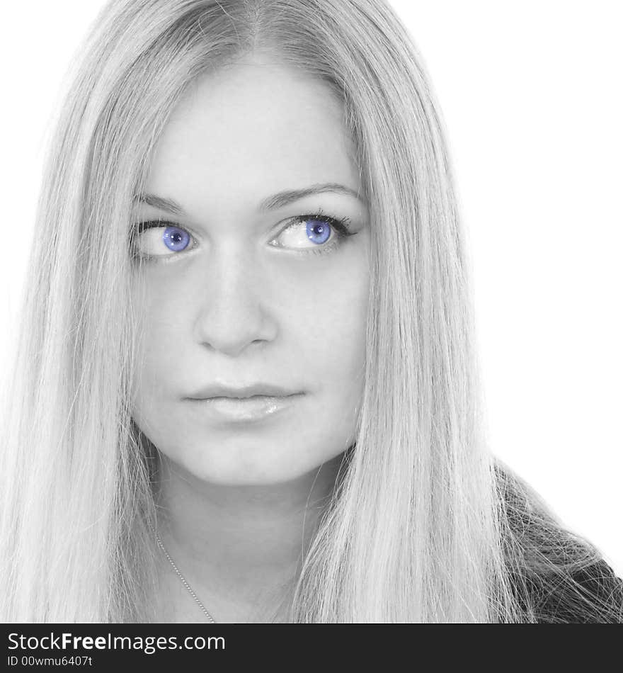 Monochrome portrait of pretty blue-eyed woman on white background