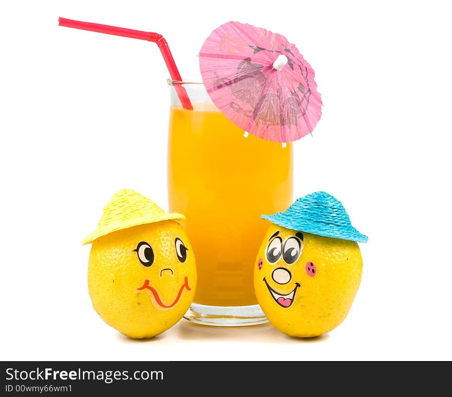 Cheerful little men from a fresh lemon and a juice glass isolated on a white background. Cheerful little men from a fresh lemon and a juice glass isolated on a white background