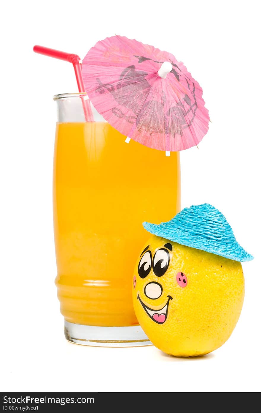 Cheerful little men from a fresh lemon and a juice glass isolated on a white background. Cheerful little men from a fresh lemon and a juice glass isolated on a white background