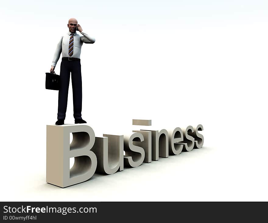 An conceptual image of a business man standing on a giant bit of text that says business. An conceptual image of a business man standing on a giant bit of text that says business.