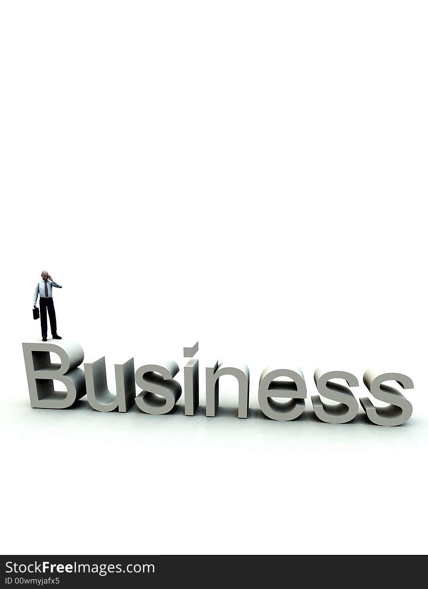 An conceptual image of a business man standing on a giant bit of text that says business. An conceptual image of a business man standing on a giant bit of text that says business.