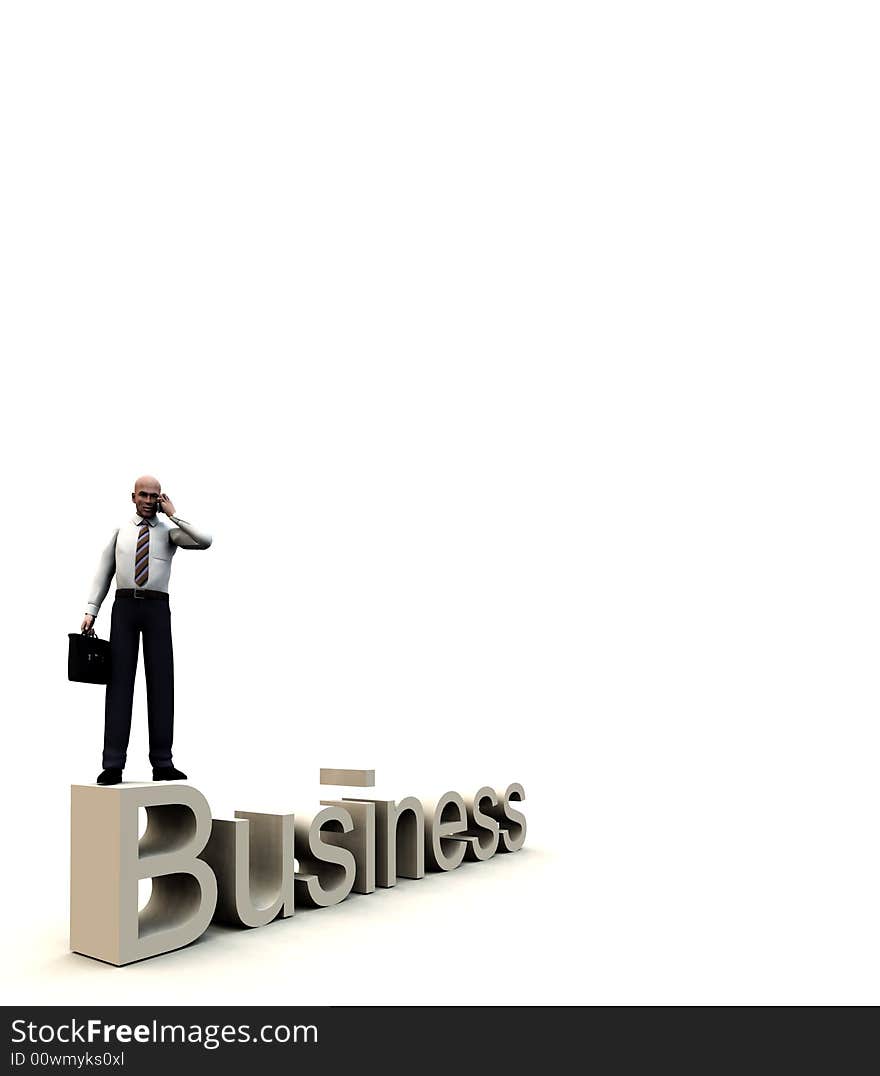 An conceptual image of a business man standing on a giant bit of text that says business. An conceptual image of a business man standing on a giant bit of text that says business.