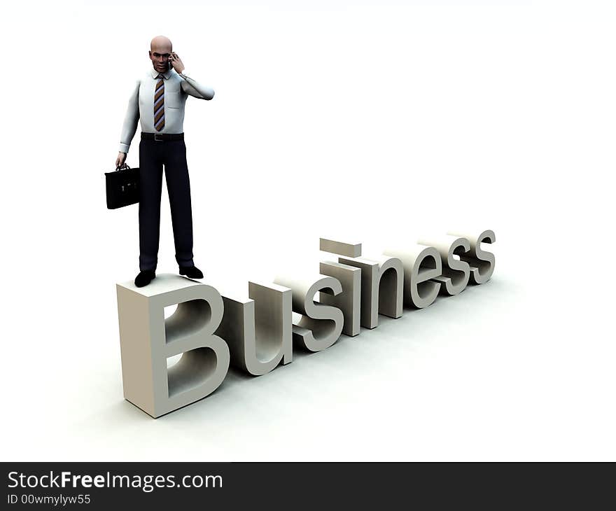 An conceptual image of a business man standing on a giant bit of text that says business. An conceptual image of a business man standing on a giant bit of text that says business.