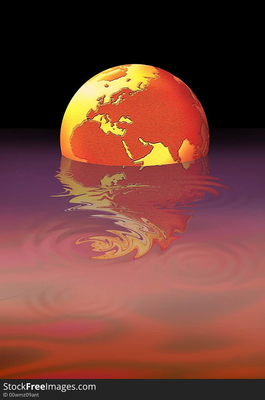 Computer generated illustration of the world floating across a lake. Computer generated illustration of the world floating across a lake