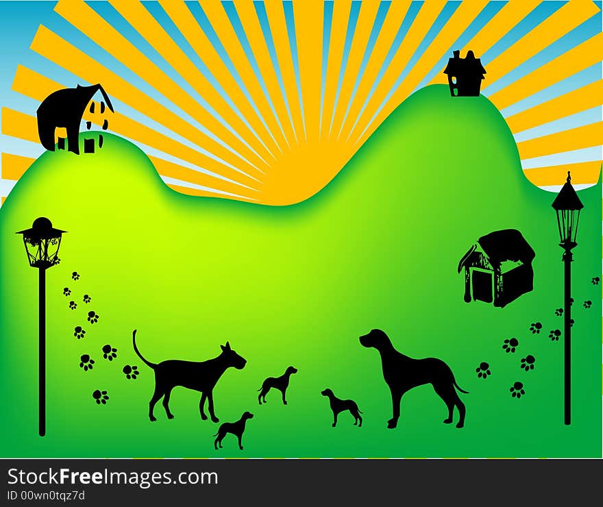 Abstract colored background with dogs and puppies near two hills