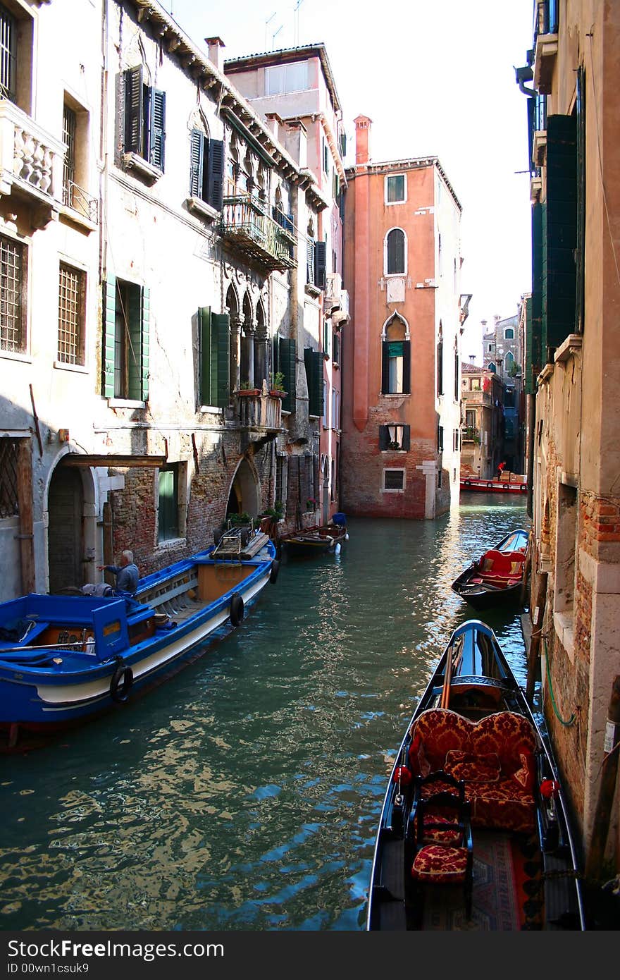 One of many canals in Venice and boats in it