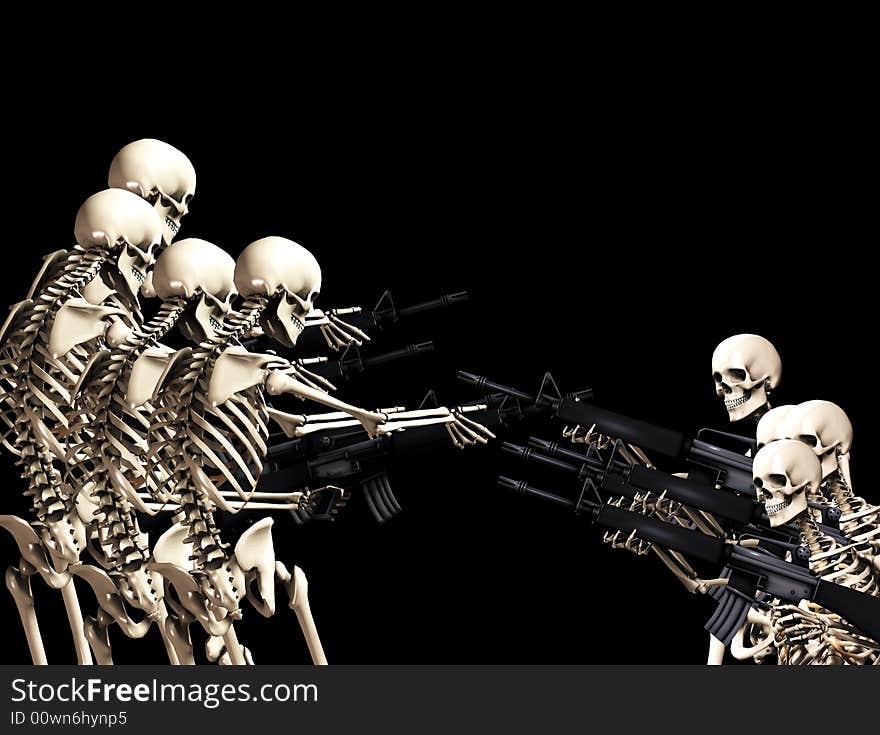 An conceptual image of some skeletons with guns, it would be good to represent concepts of war,crime and Halloween. An conceptual image of some skeletons with guns, it would be good to represent concepts of war,crime and Halloween.