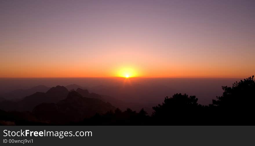 Overlook sunset at huangshan mountain