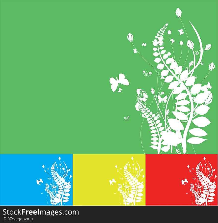 Flowers, leafs and butterflies silhouette on different colored background (vector). Flowers, leafs and butterflies silhouette on different colored background (vector)