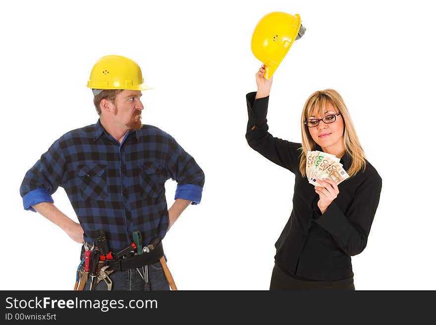 Construction worker pointing on architectural plans and architect. Construction worker pointing on architectural plans and architect