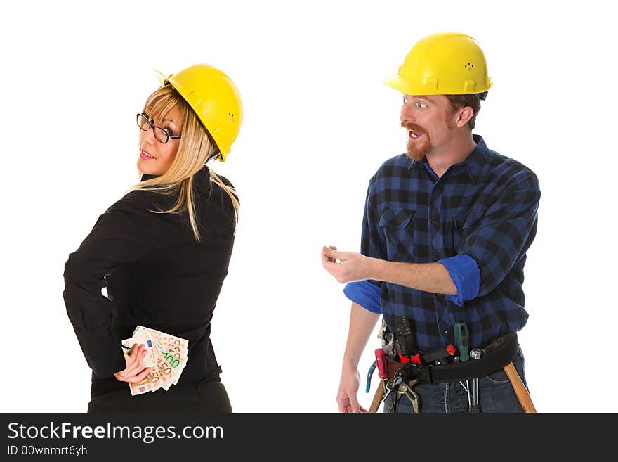 Construction worker and businesswoman with earnings on white background