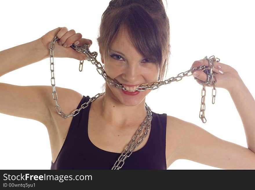 Young beautiful girl linking with chain. Young beautiful girl linking with chain