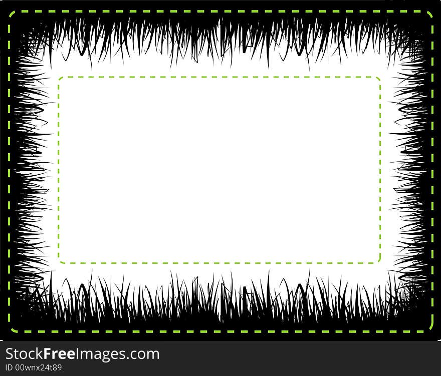 Vector frame illustration, on white background with grass silhouette and green dashed lines. Vector frame illustration, on white background with grass silhouette and green dashed lines.