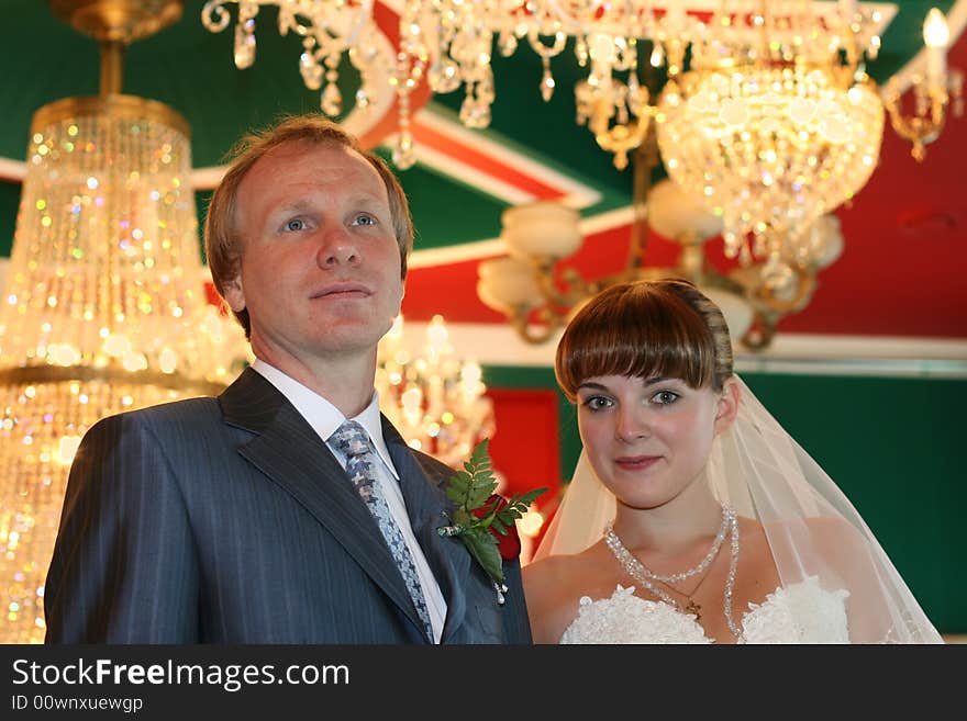 The groom and the bride on a background of bright lusters. The groom and the bride on a background of bright lusters