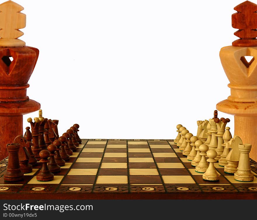 Chessboard flanked by two kings, white background. Chessboard flanked by two kings, white background