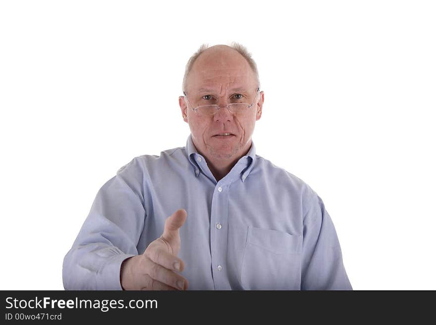 An older guy in a blue dress shirt with his hand extended for a handshake. An older guy in a blue dress shirt with his hand extended for a handshake