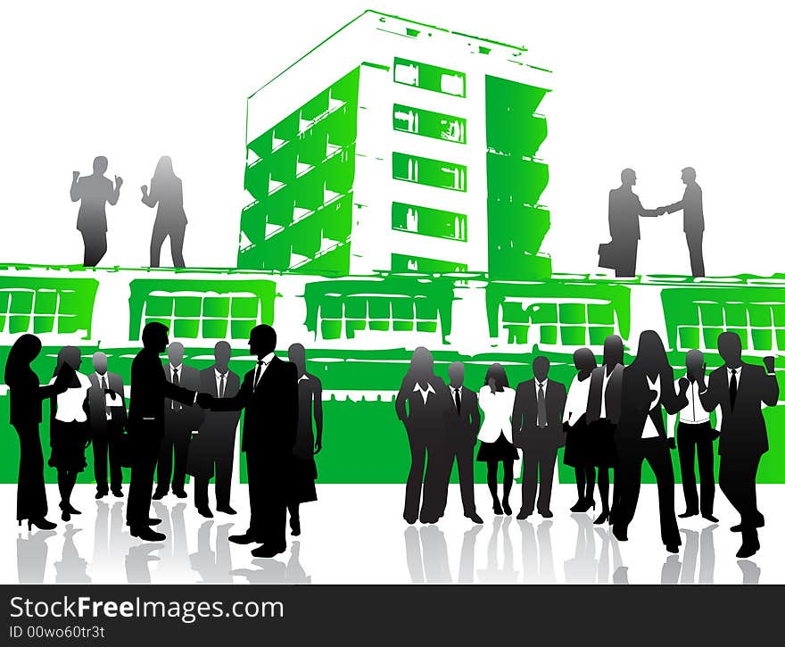 Illustration of business people and city