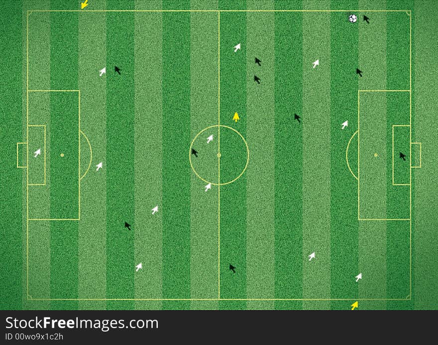 Abstract scribbled football pitch with striped grass.