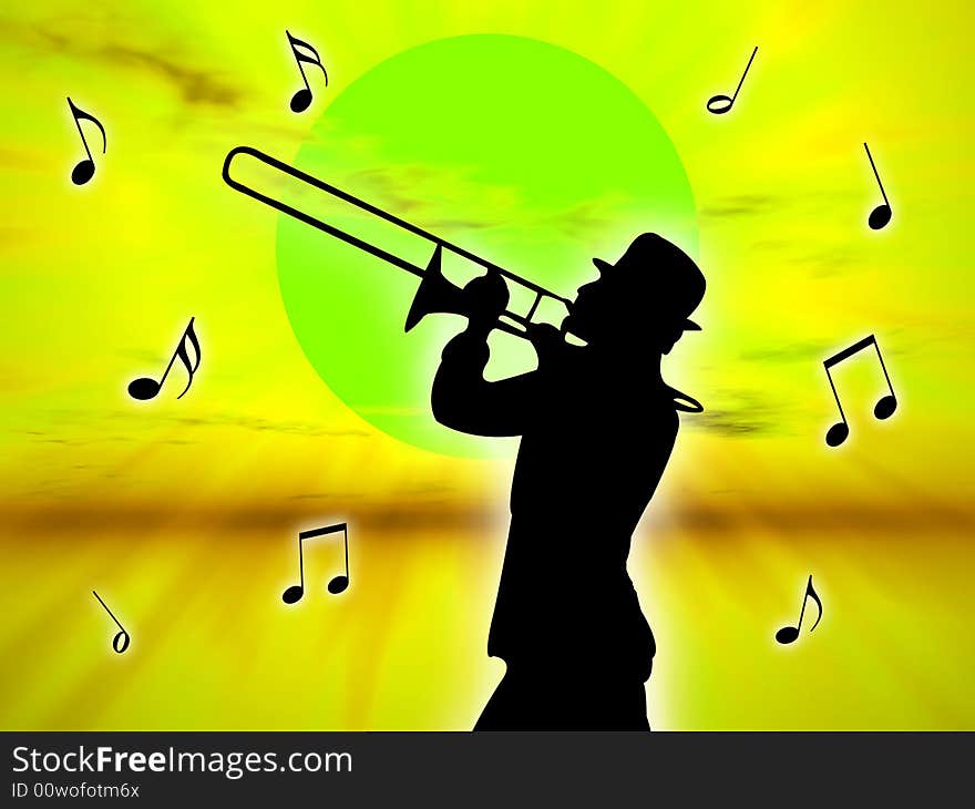 A trumpet player in the sunset against the sun