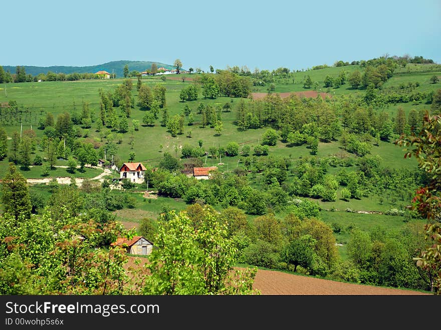 Houses, meadow and trees over green hill Serbia. Houses, meadow and trees over green hill Serbia