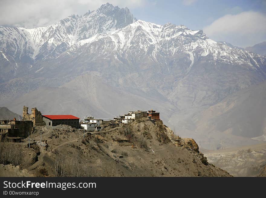 View of Jharkot village and surrounding mountains from muktinath, annapurna, nepal