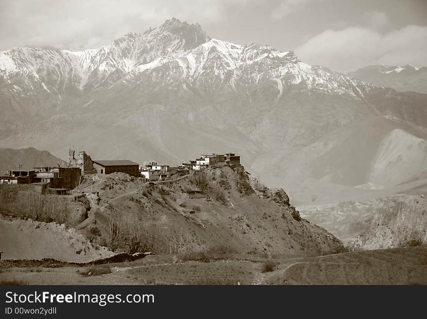 View of Jharkot village and surrounding mountains from muktinath, annapurna, nepal