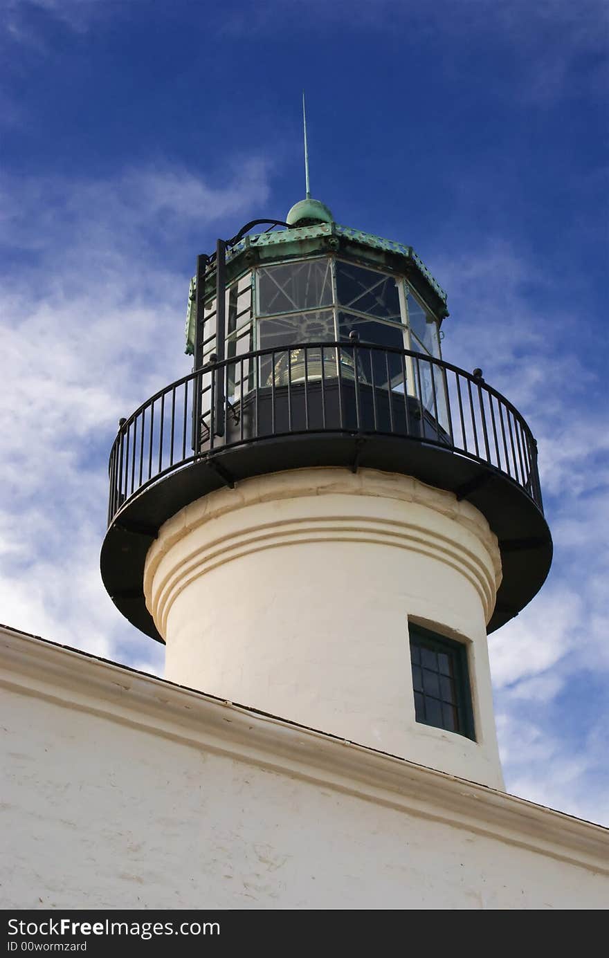 A light house beacon shot looking up towrds the deep blue sky. A light house beacon shot looking up towrds the deep blue sky