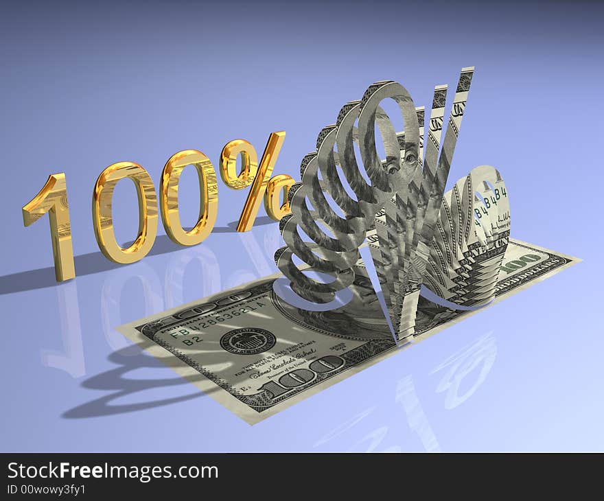 Symbol of the percent is sliced from bill in one hundred dollars. Symbol of the percent is sliced from bill in one hundred dollars