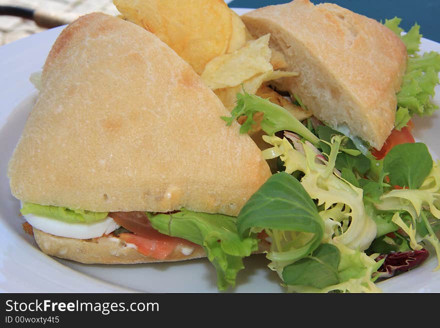 Close-up of a salmon sandwich with chips and lettuce