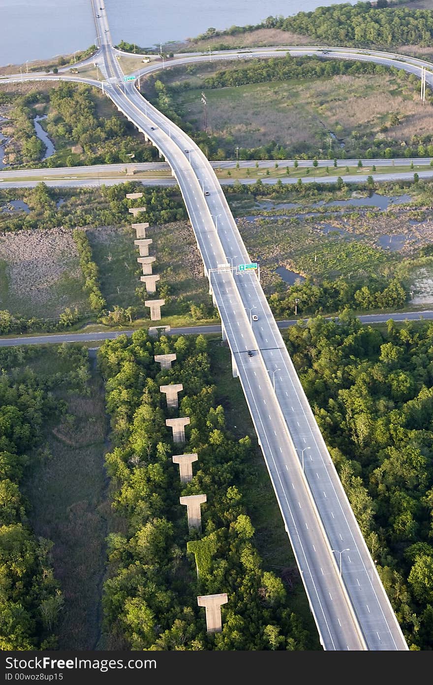 Aerial view of elevated roadway and river