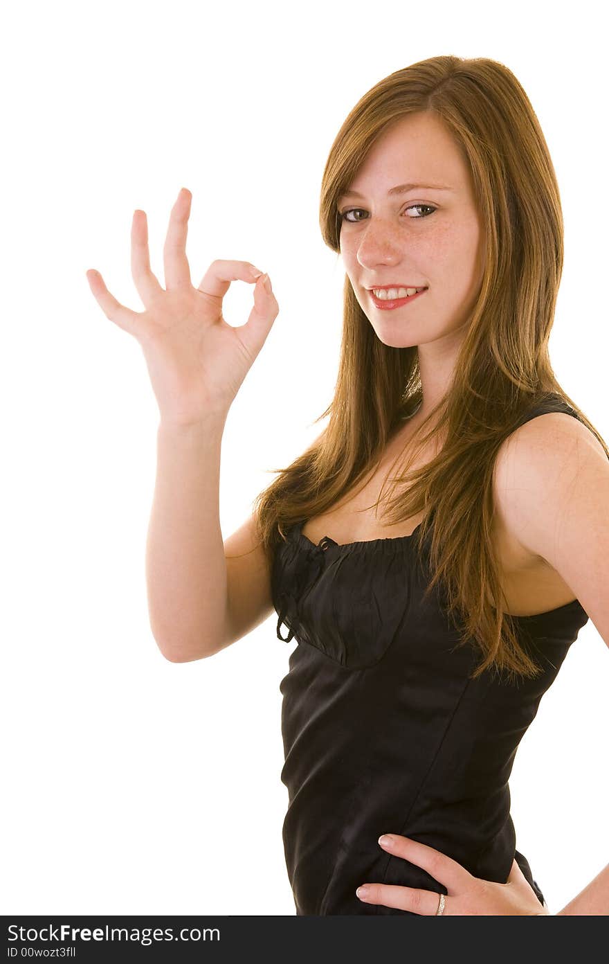 Beautiful young business lady indicating the all ok sign, isolated on white.