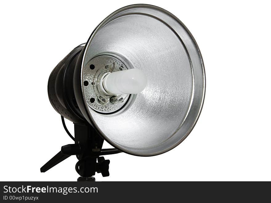 Modern powerful photographic flash on a white background