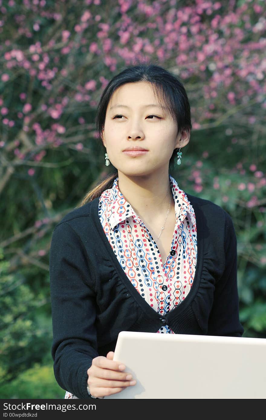 Woman studying on PC in park. Woman studying on PC in park