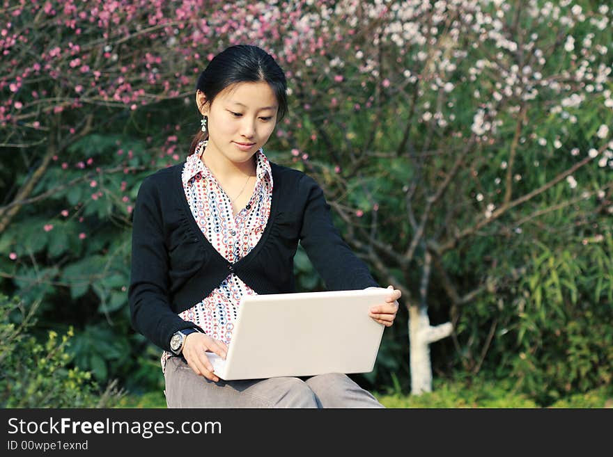 Woman studying on PC in park. Woman studying on PC in park