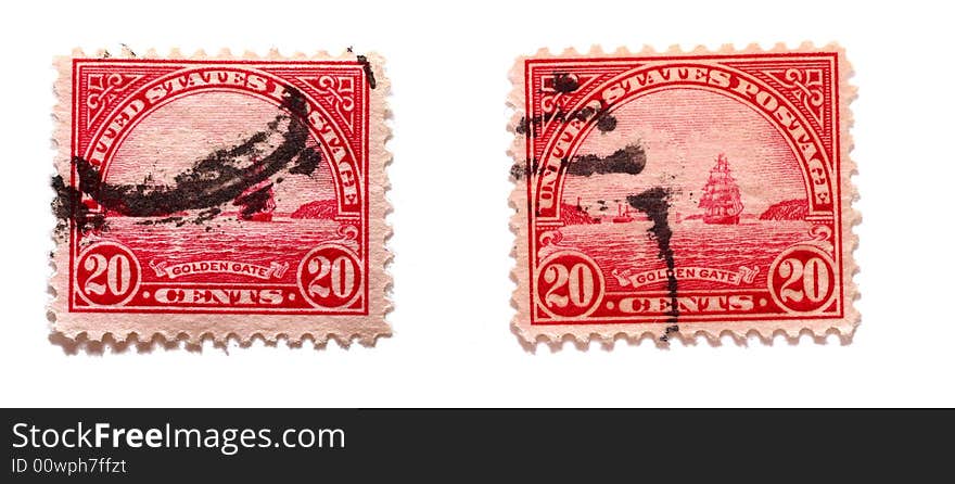 Two used Golden Gate US postal stamps with postmarks. Two used Golden Gate US postal stamps with postmarks