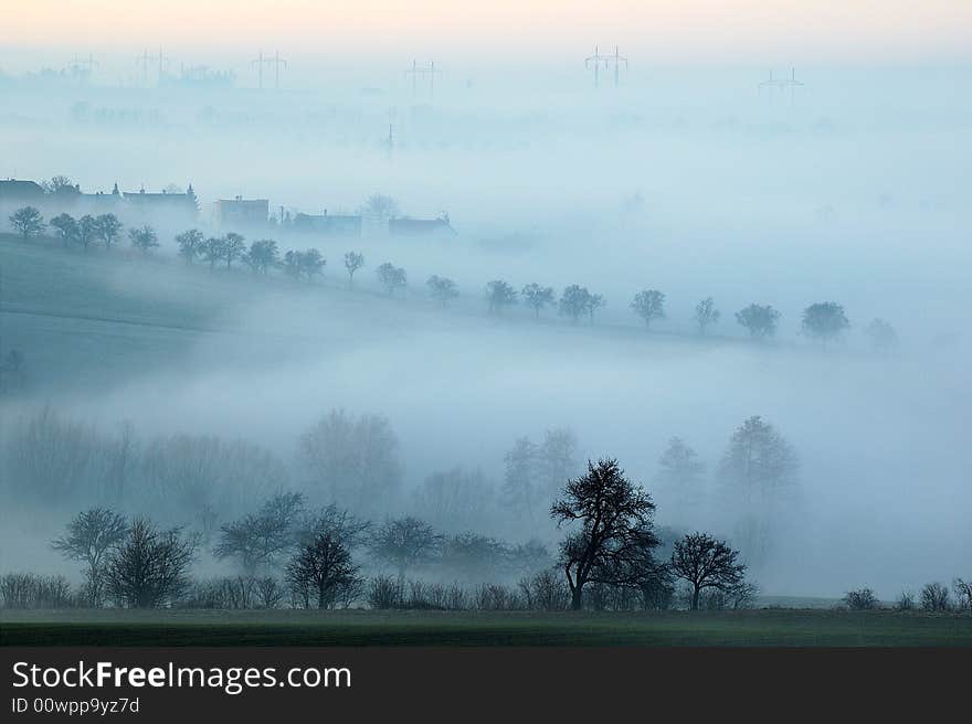 The lines of trees and fields in morning fog